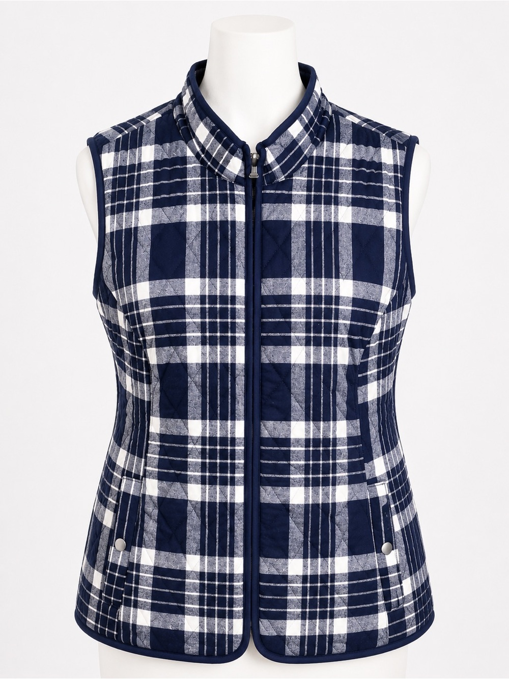 Croft & Barrow Quilted Plaid Vest XL Navy White Cotton Zip Front Adj. Waist